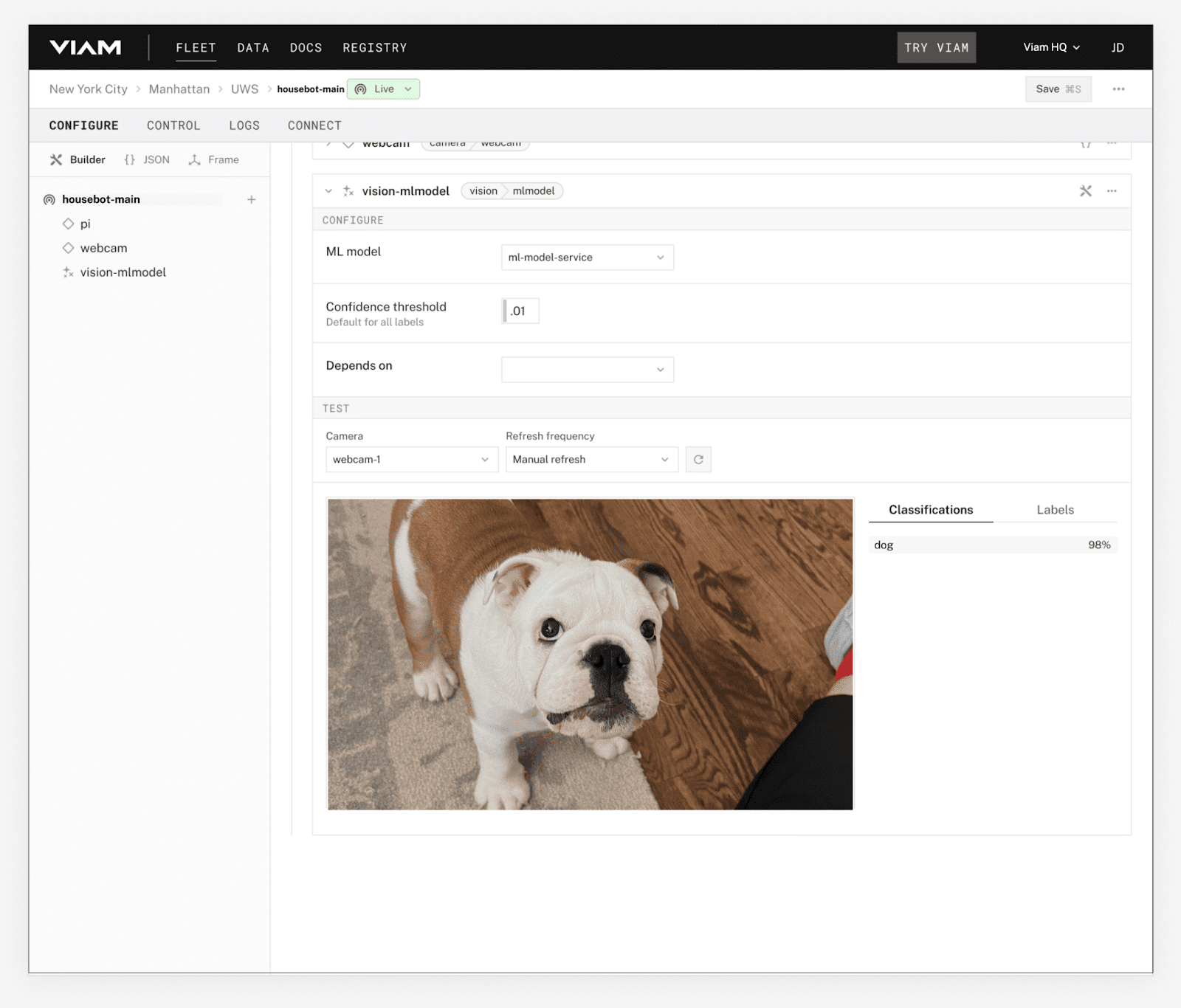 An image classification model in Viam detecting a dog.