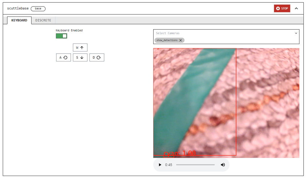 The robot detects the green tape using object detection.