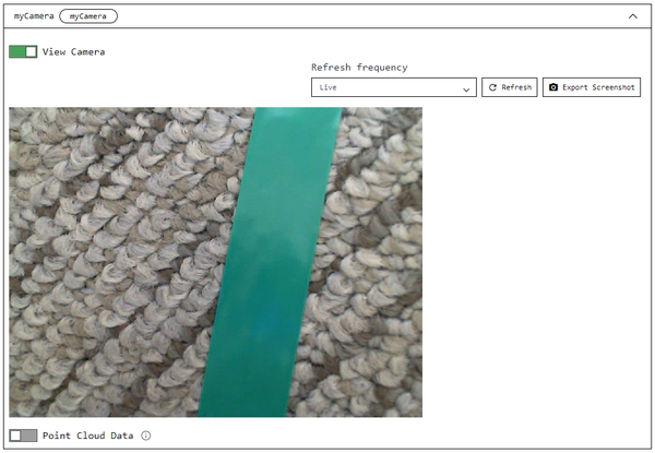 The camera's view of the green tape line on the Viam app.