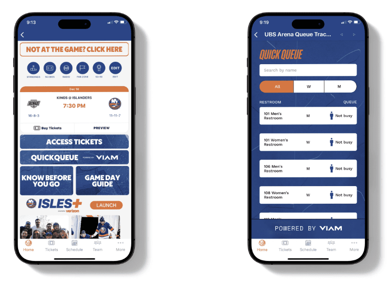 Screenshots of the QuickQueue App, powered by Viam, displaying real time insights on wait times at UBS Arena