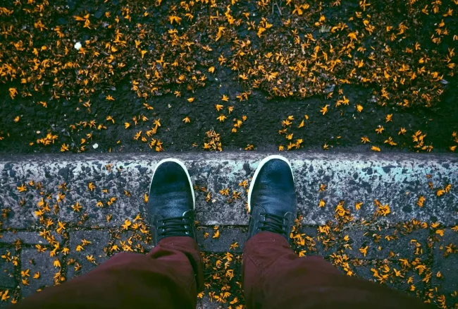 Feet wearing shoes, seen from above looking straight down, standing on a kerb .The kerb and road are dotted with small golden leaves.