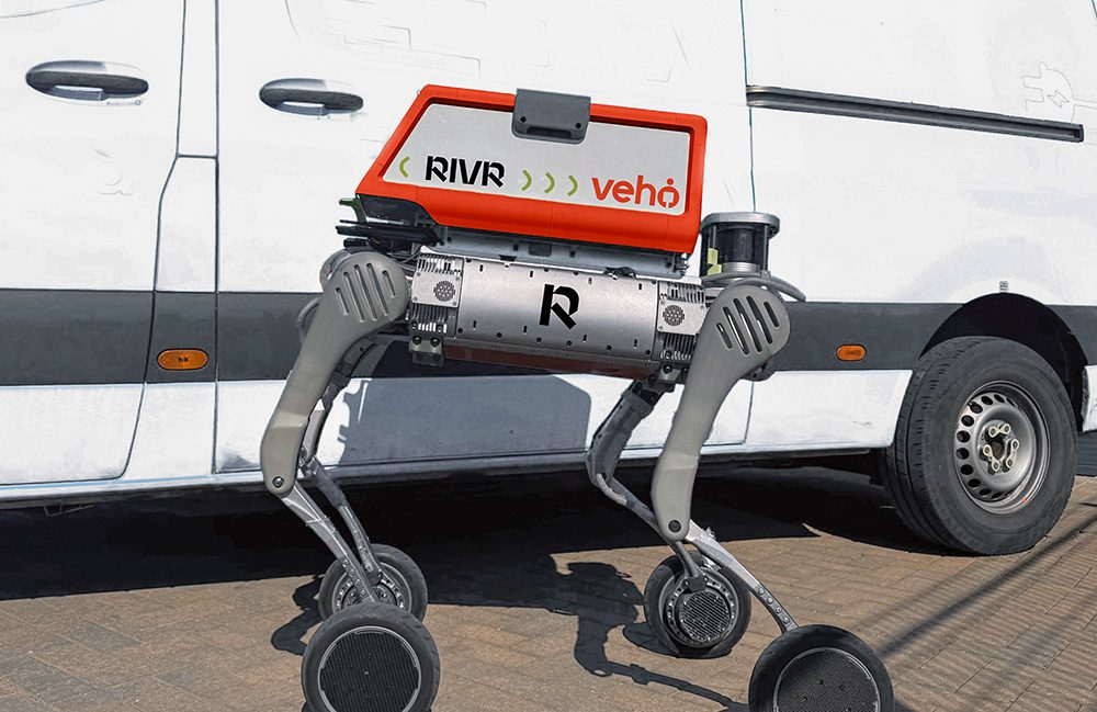 A RIVR robot with a Veho parcel container waits next to a delivery van.